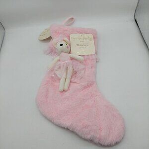 Cynthia Rowley Pink Faux Fur Christmas Stocking With Ballerina Mice Plush Set